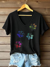 T-shirt à col en V imprimé patte colorée pour femmes